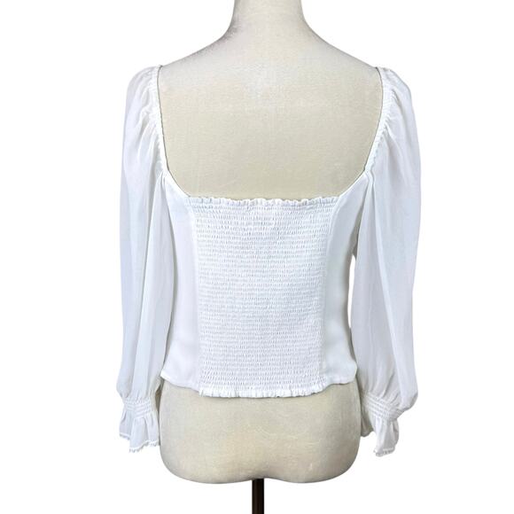 Aritzia Wilfred Duke Blouse White Sheer Long Sleeve Cropped Smocked Peasant Top - Picture 3 of 14